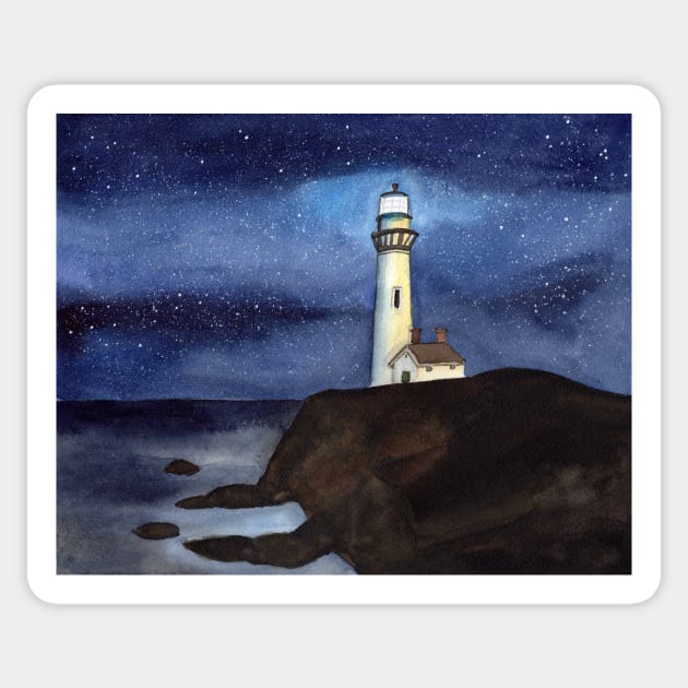 Lighthouse on a cliff at night time Sticker by Sandraartist